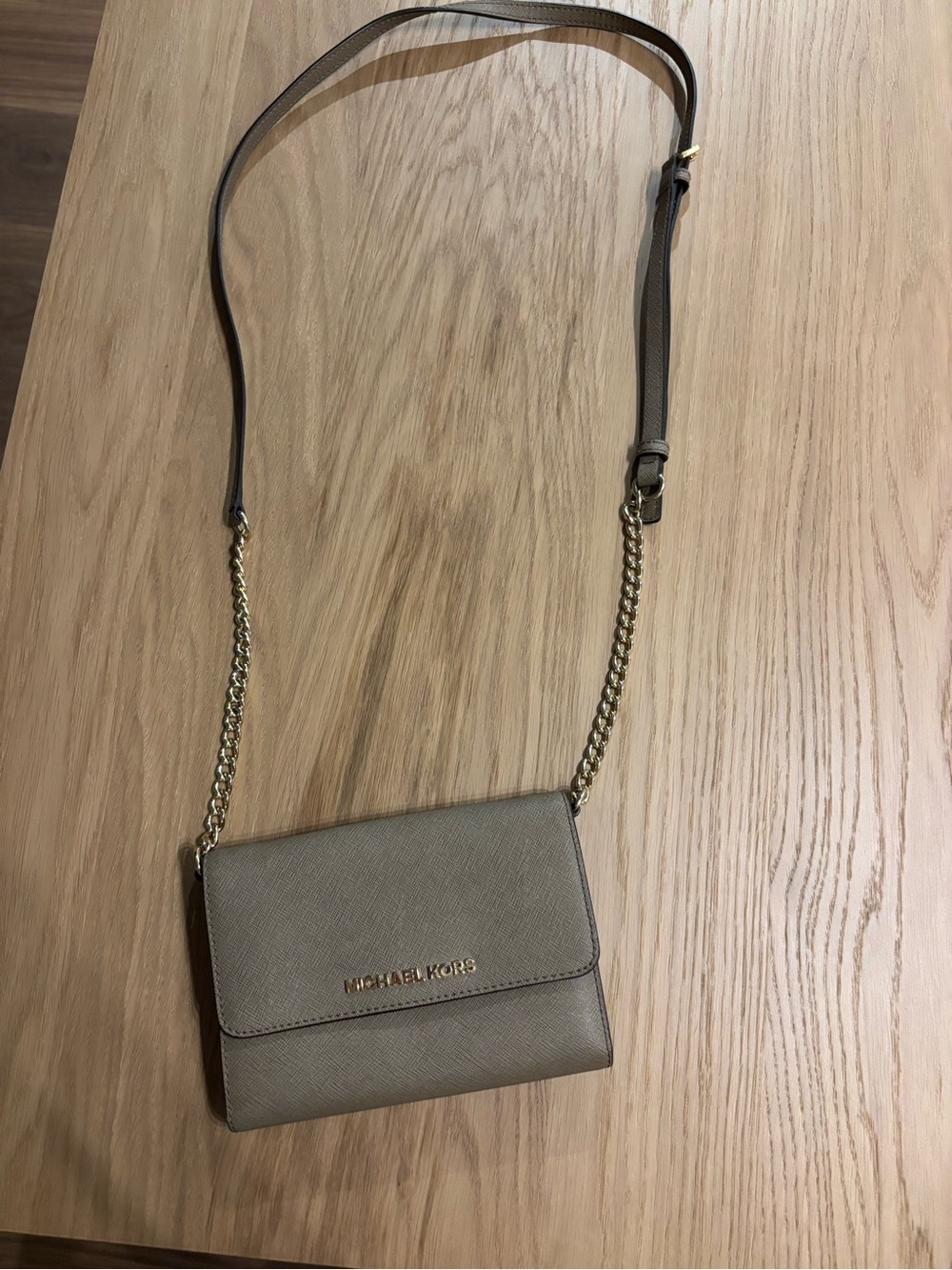 Michael Kors Taupe Crossbody Purse with Gold Hardware